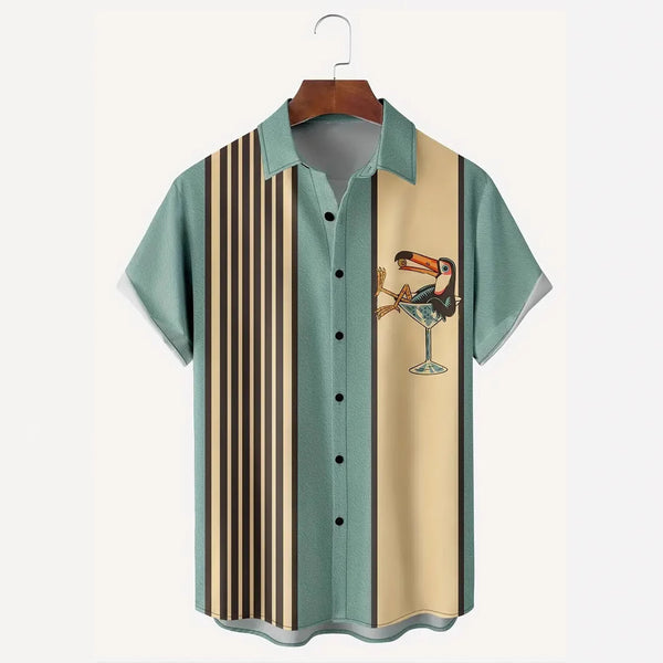 Hawaiian Striped Pattern Buckle Short Sleeve Shirt Men