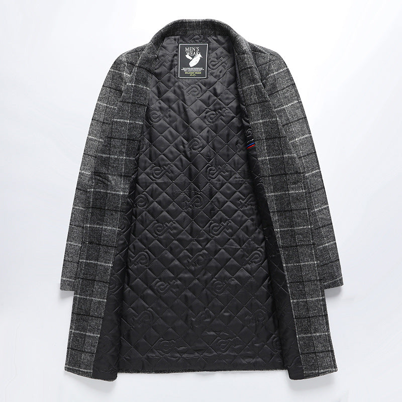 Men's Mid-length Business Casual Plaid Cotton And Thickening Woolen Coat