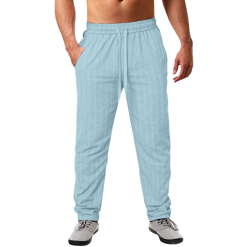 Men's Vertical Stripe Lace Elastic Waist Cotton Linen pants