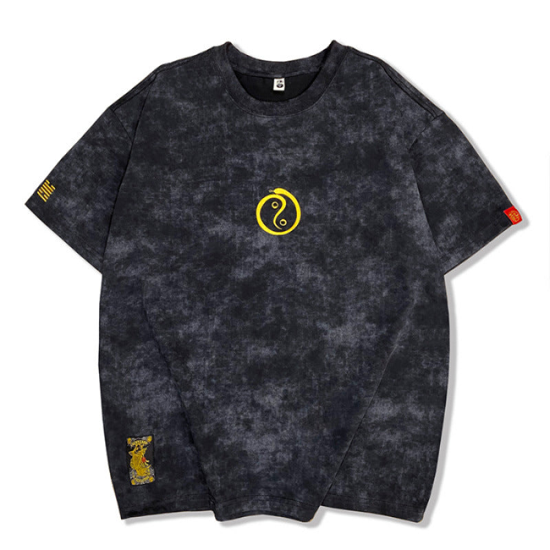 Embroidered Crew Neck Short Sleeve Washed t-shirt