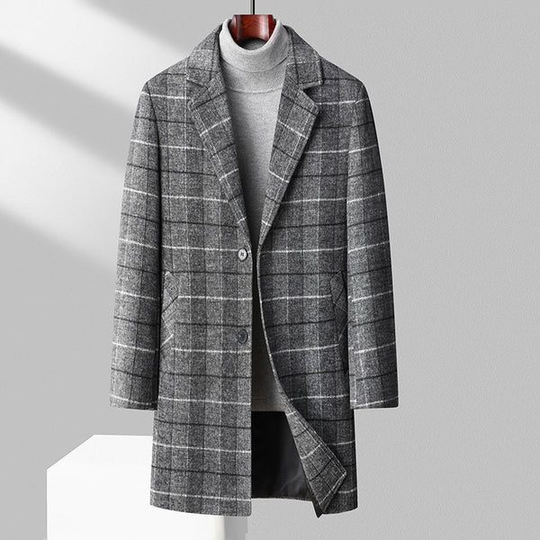 Men's Mid-length Business Casual Plaid Cotton And Thickening Woolen Coat