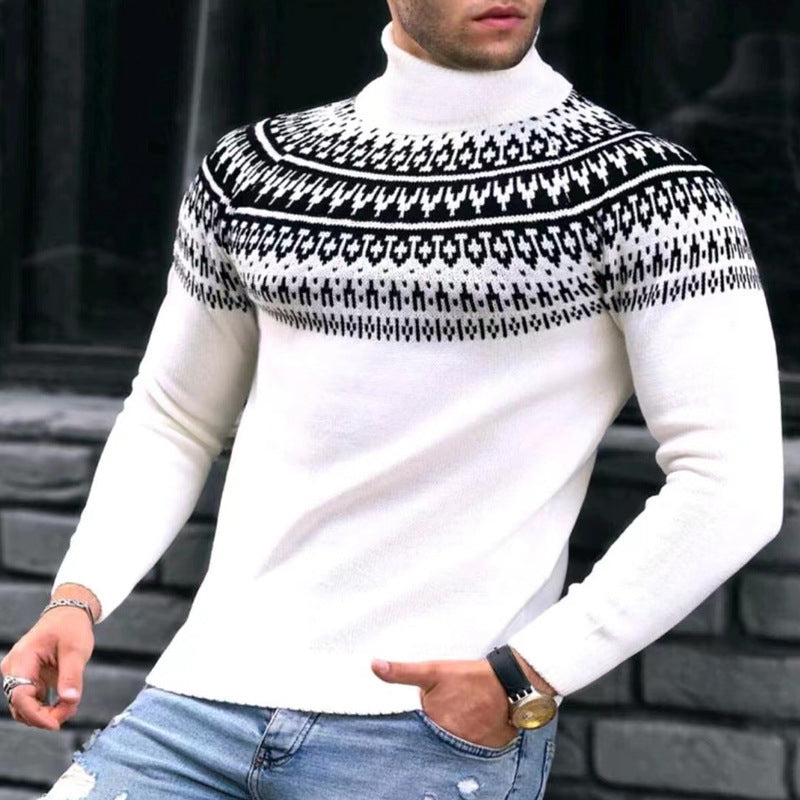 Vintage Patchwork Turtleneck Teenagers Men's Long Sleeve sweater
