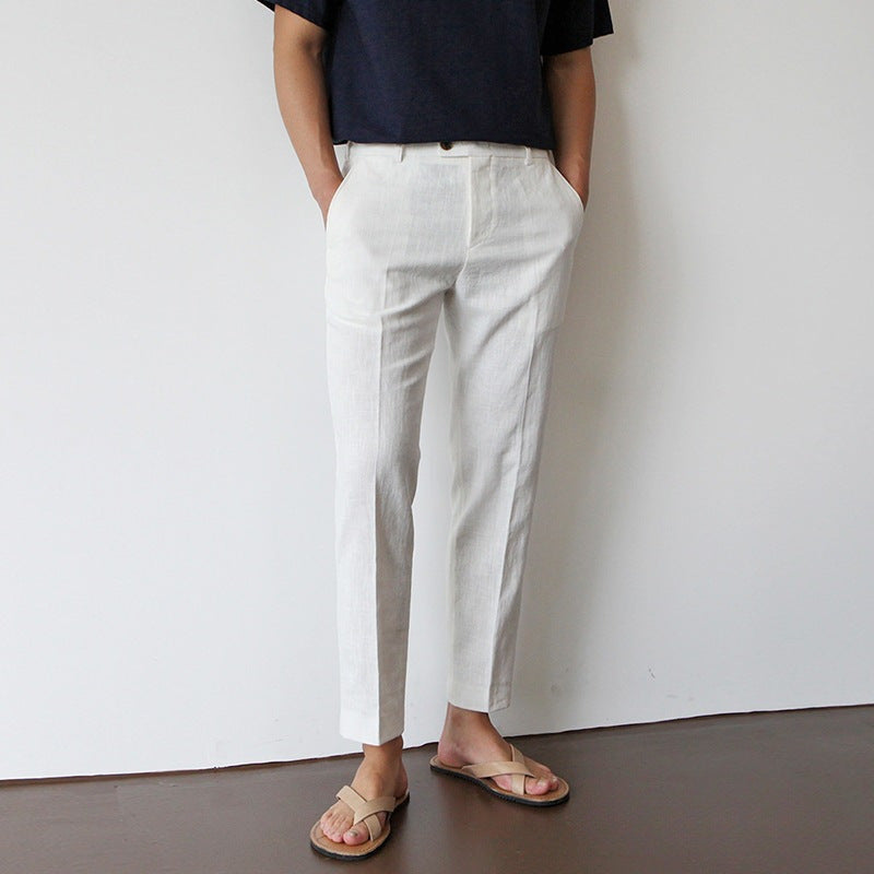 White Cotton Linen Fabric Men's Casual Breathable Pants