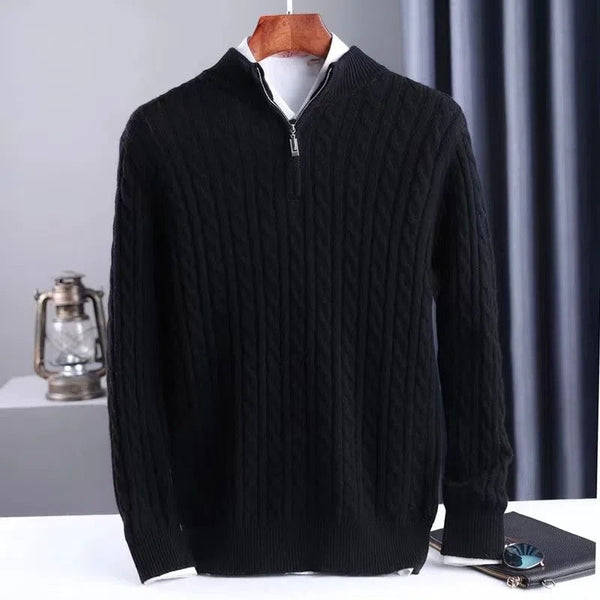 Men's Thick Twist Sweater Zipper Half Open High Collar Warm Sweater
