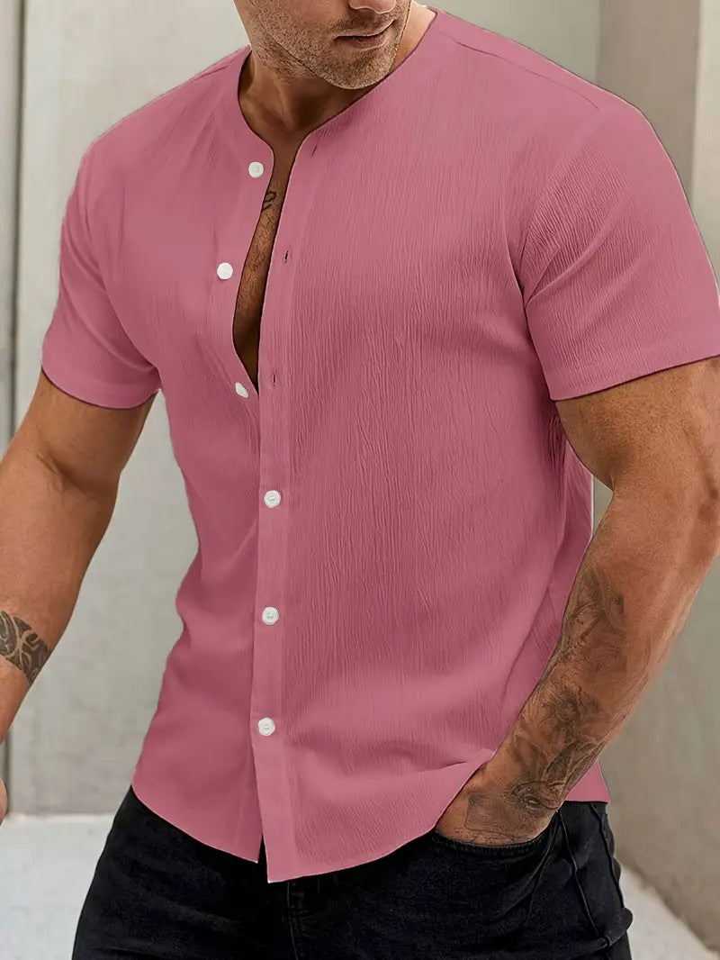 Cardigan Stand Collar Men's Short-sleeve Shirt