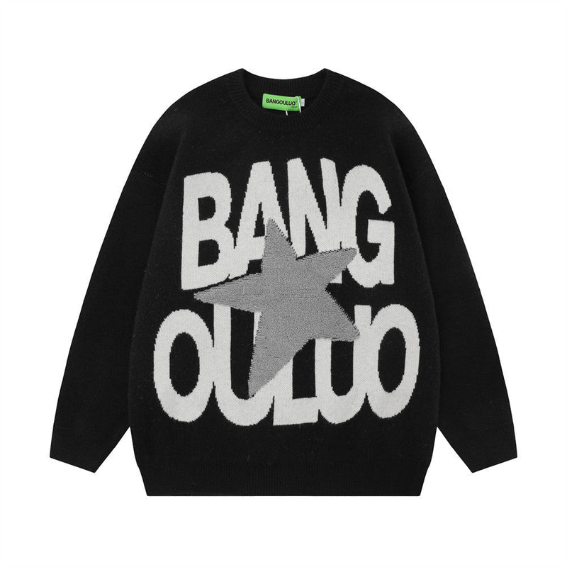 Hip Hop American Five-pointed Star Letter Crew Neck Sweater