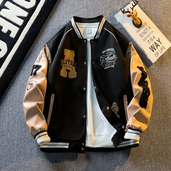Contrast Color Embroidery Leather Sleeve Coat