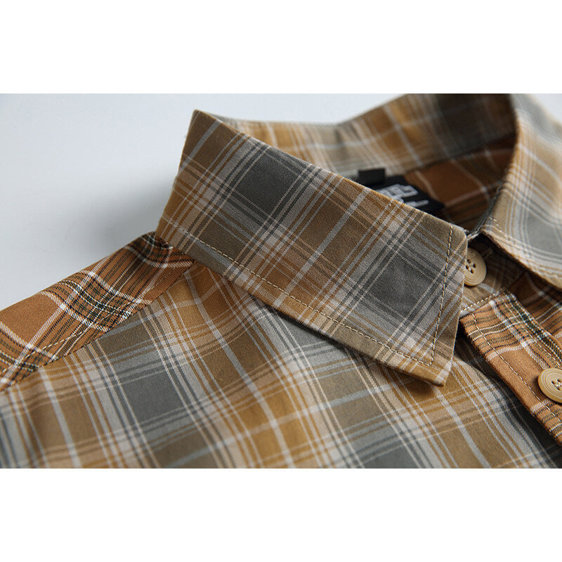 American Retro Irregular Stitching Contrast Color Long Sleeve plaid Shirt