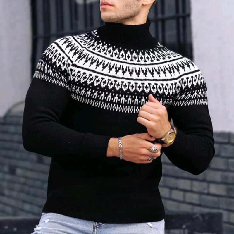 Vintage Patchwork Turtleneck Teenagers Men's Long Sleeve sweater