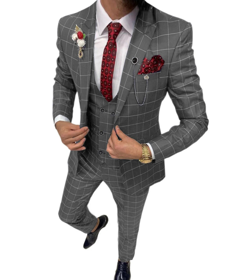 Men's Simple Versatile Lattice Three-piece Suit