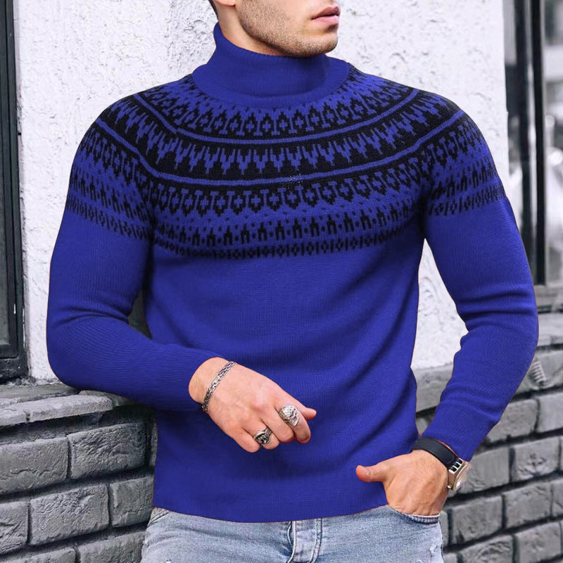 Vintage Patchwork Turtleneck Teenagers Men's Long Sleeve sweater