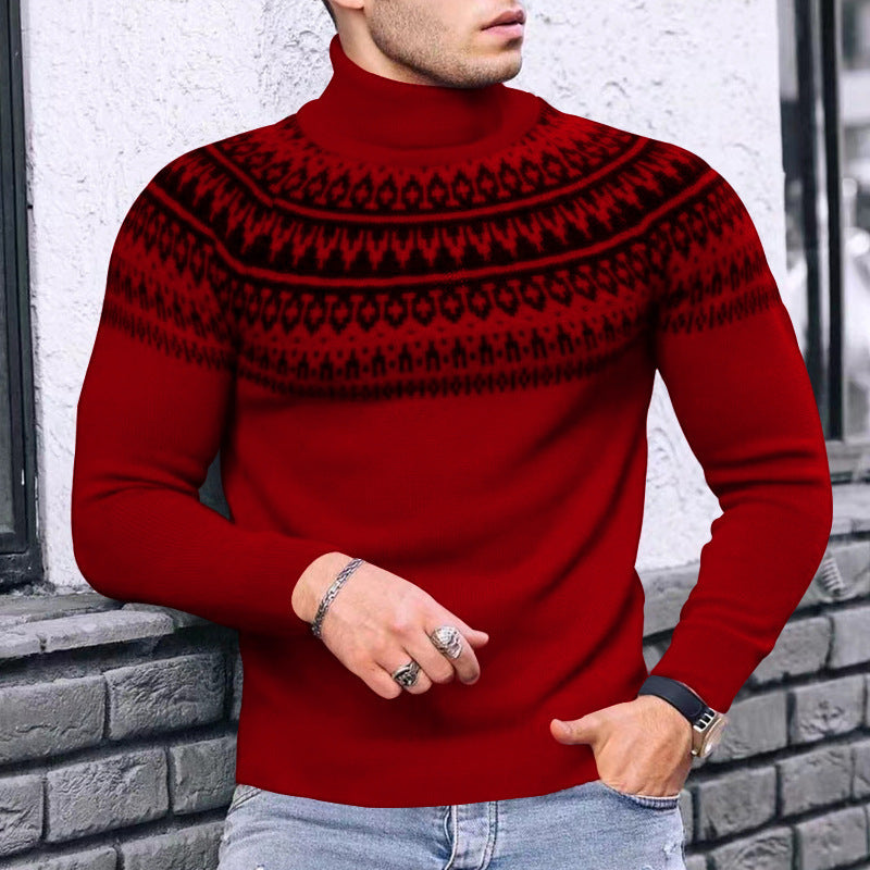 Vintage Patchwork Turtleneck Teenagers Men's Long Sleeve sweater