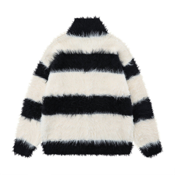 Striped With Fleece Lining Brushed Stand Collar Sweater