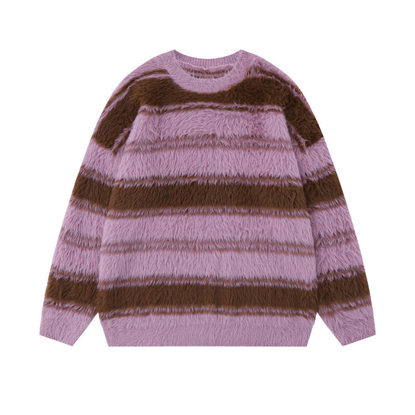 Striped With Fleece Lining Round Neck Sweater Men's