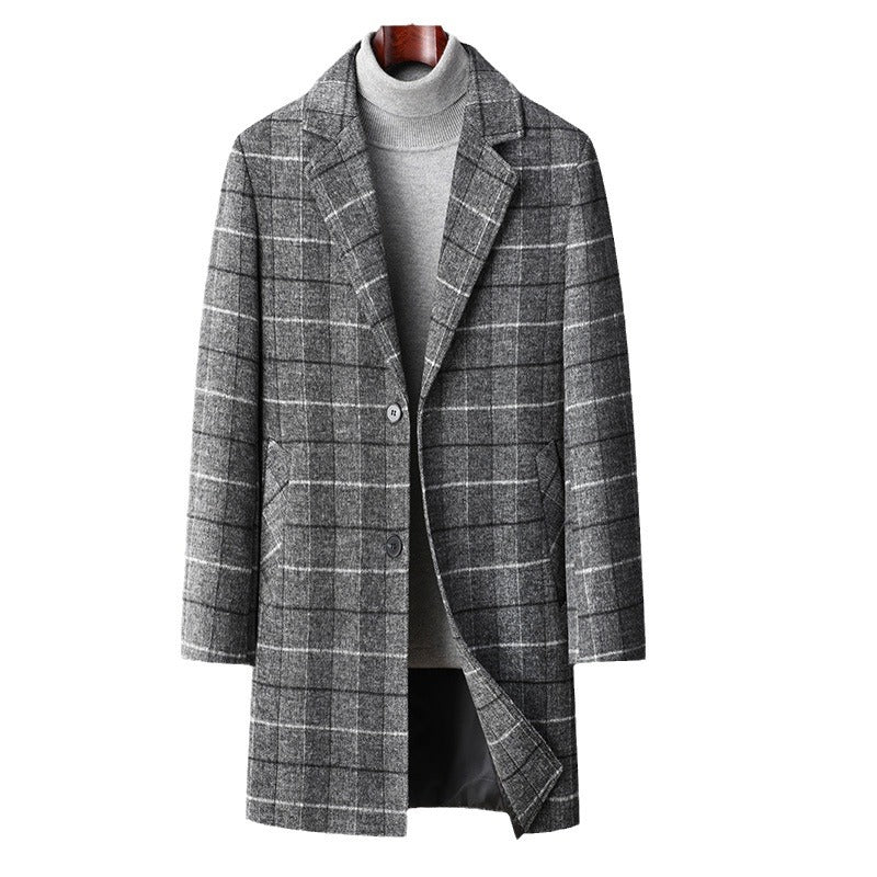 Men's Mid-length Business Casual Plaid Cotton And Thickening Woolen Coat