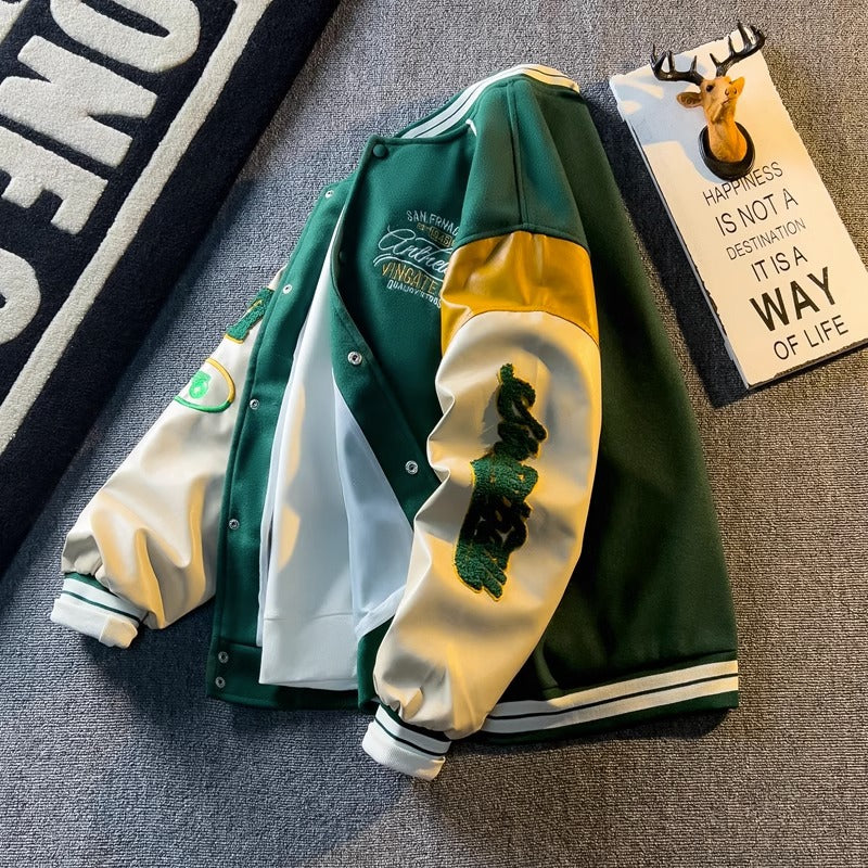 Contrast Color Embroidery Leather Sleeve Coat