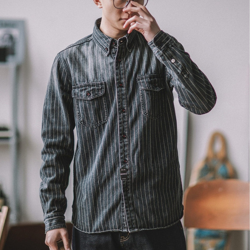 Vintage Vertical Stripes Denim Shirt