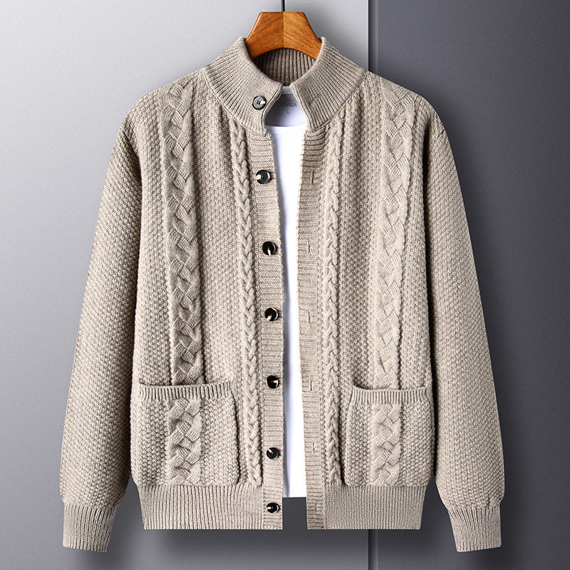 Young And Middle-aged Thick Knit Cardigan Retro Jacquard Loose-fitting Sweater