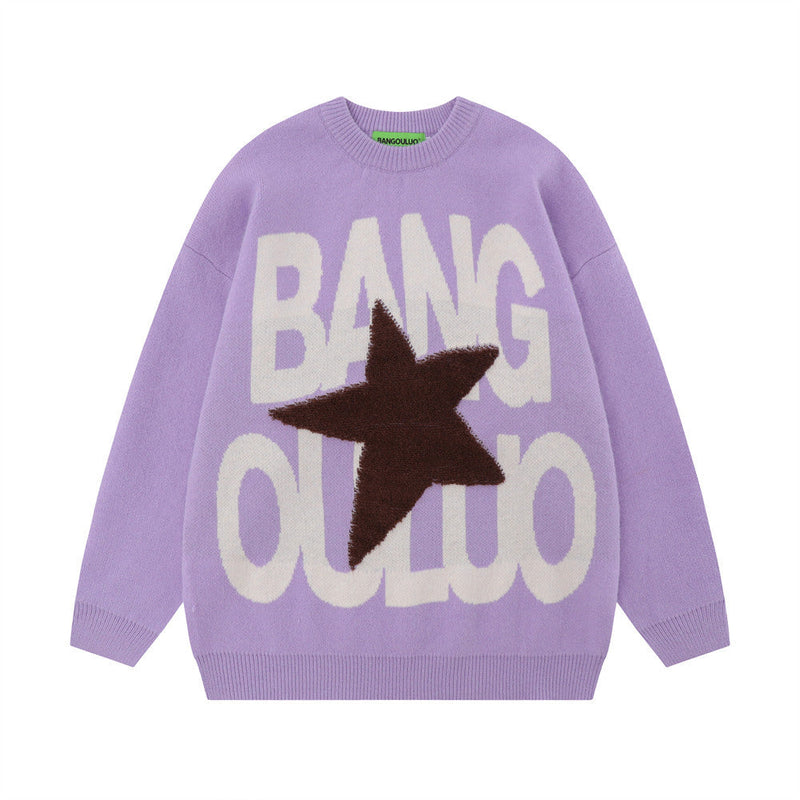 Hip Hop American Five-pointed Star Letter Crew Neck Sweater