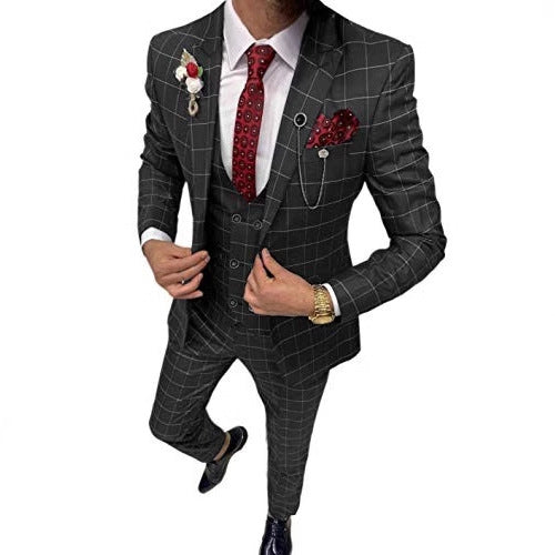 Men's Simple Versatile Lattice Three-piece Suit