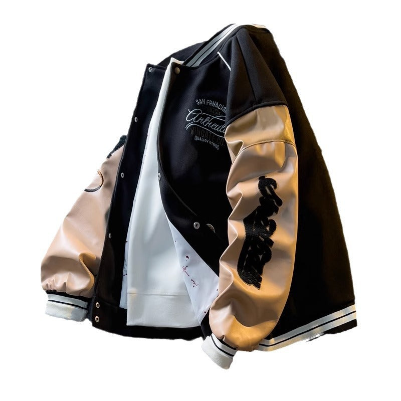 Contrast Color Embroidery Leather Sleeve Coat