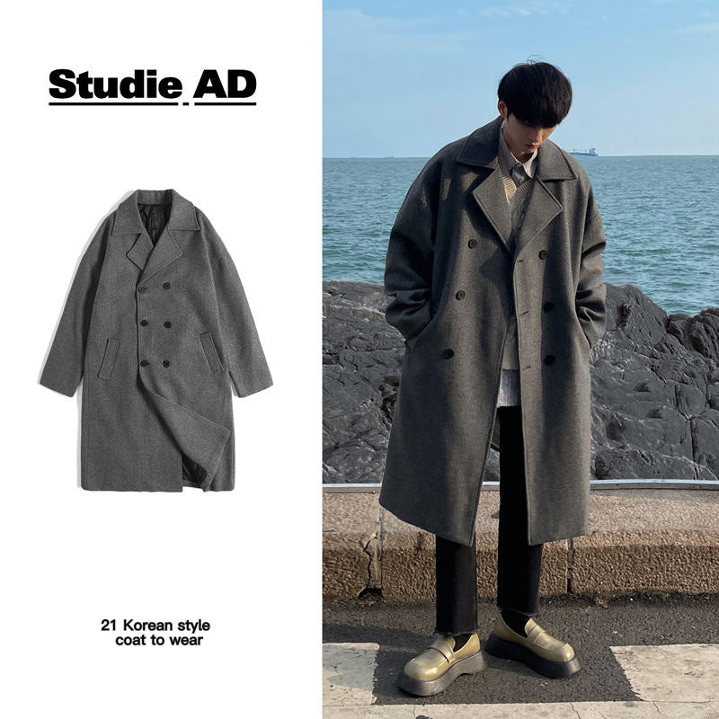 Men's Mid-length Over-the-knee Suit Double Breasted Woolen Trench Coat