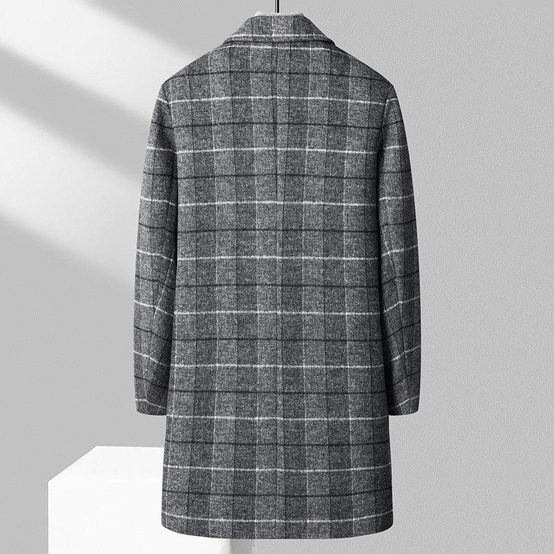 Men's Mid-length Business Casual Plaid Cotton And Thickening Woolen Coat