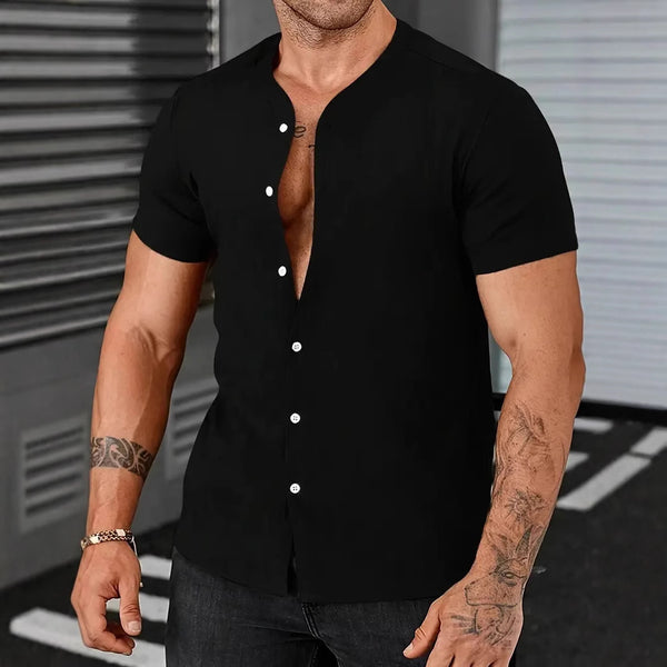 Cardigan Stand Collar Men's Short-sleeve Shirt