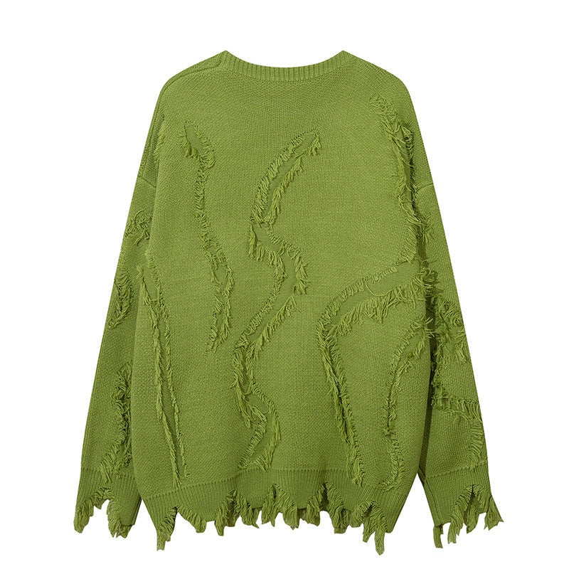 Idle Style Cat Beard Tassel Ripped Round Neck Sweater