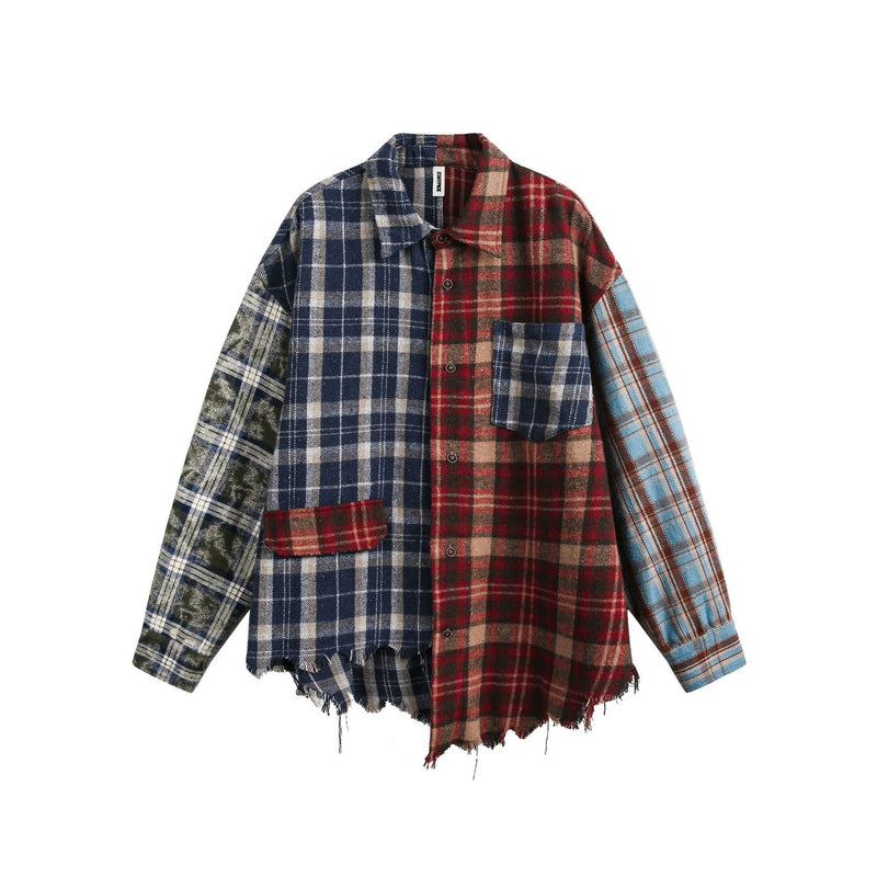 American Retro Loose Plaid Stitching Long Sleeve Shirt