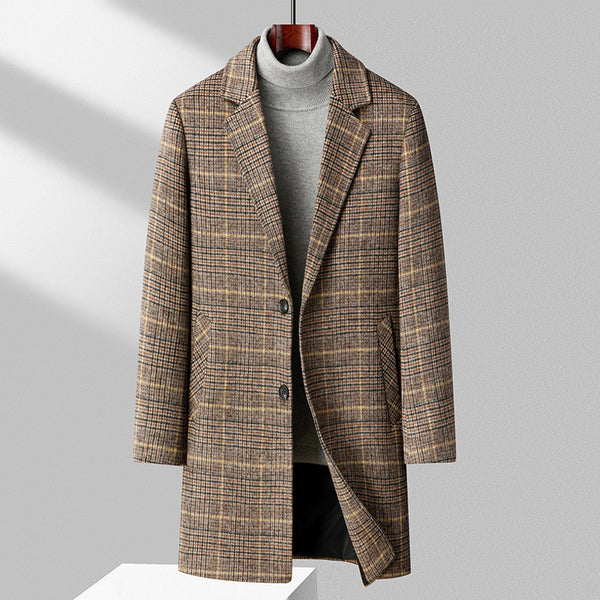 Men's Mid-length Business Casual Plaid Cotton And Thickening Woolen Coat