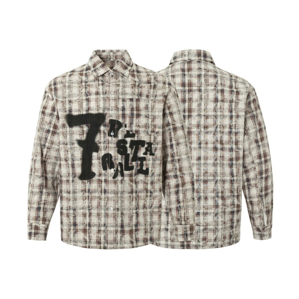 Retro Tie-dyed Distressed Plaid Long-sleeved Shirt