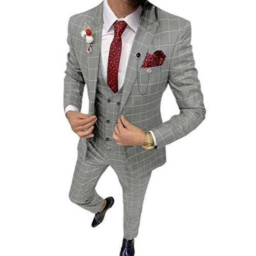 Men's Simple Versatile Lattice Three-piece Suit
