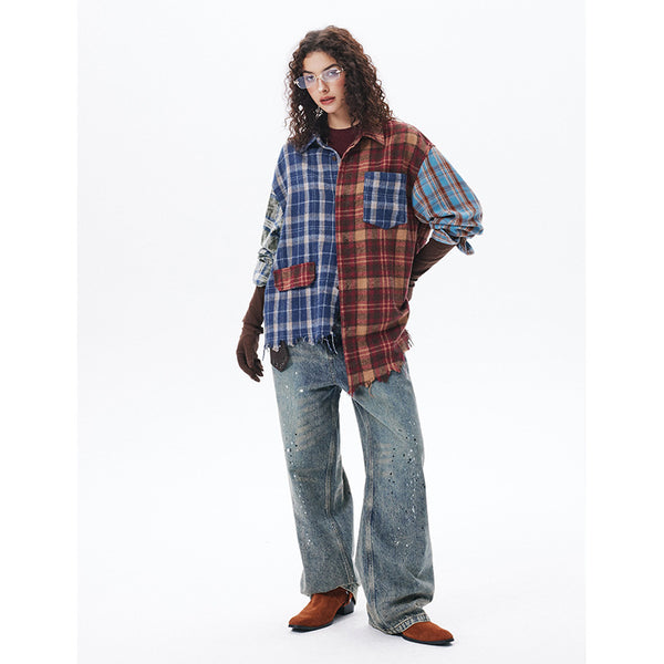American Retro Loose Plaid Stitching Long Sleeve Shirt