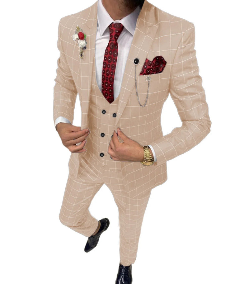 Men's Simple Versatile Lattice Three-piece Suit