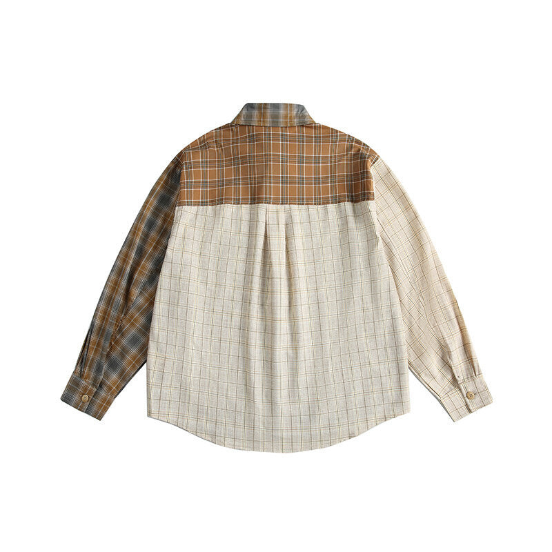 American Retro Irregular Stitching Contrast Color Long Sleeve plaid Shirt
