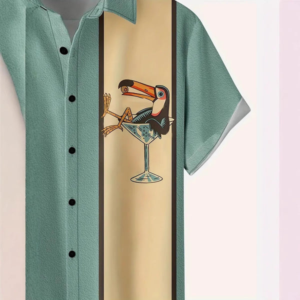Hawaiian Striped Pattern Buckle Short Sleeve Shirt Men