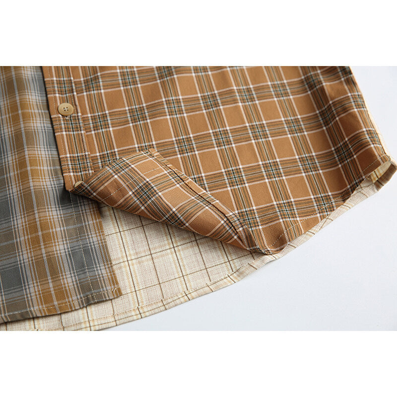 American Retro Irregular Stitching Contrast Color Long Sleeve plaid Shirt