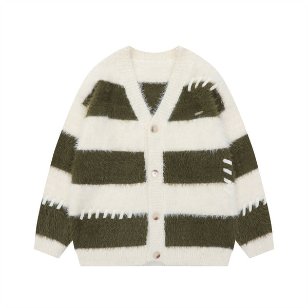 Contrast Color Striped Mink-like V-neck Sweater coat