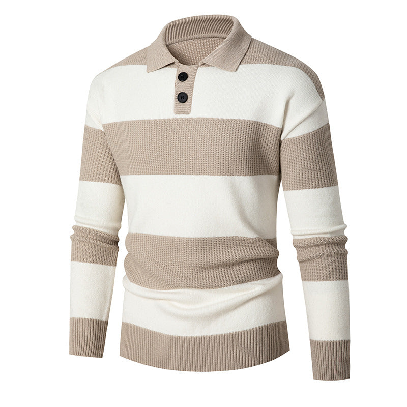 Contrast Color Striped Lapel Sweater Men's