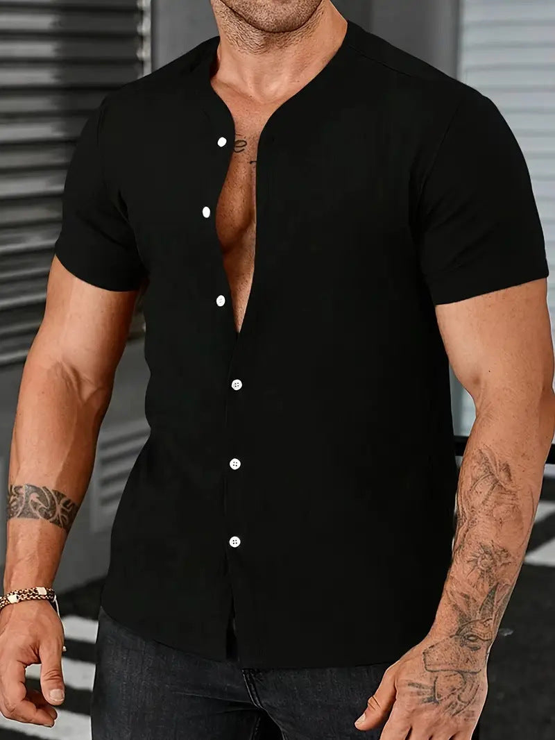 Cardigan Stand Collar Men's Short-sleeve Shirt