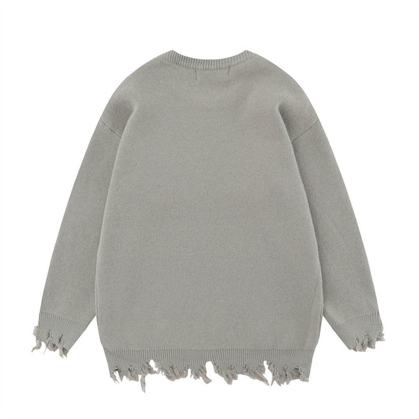Crocheted Ripped Round Neck Long Sleeve Pullover Knitting Sweater