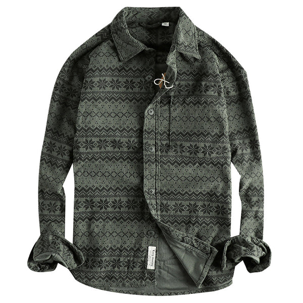 Men's Vintage Totem Printed Washed Corduroy Long-sleeved Shirt