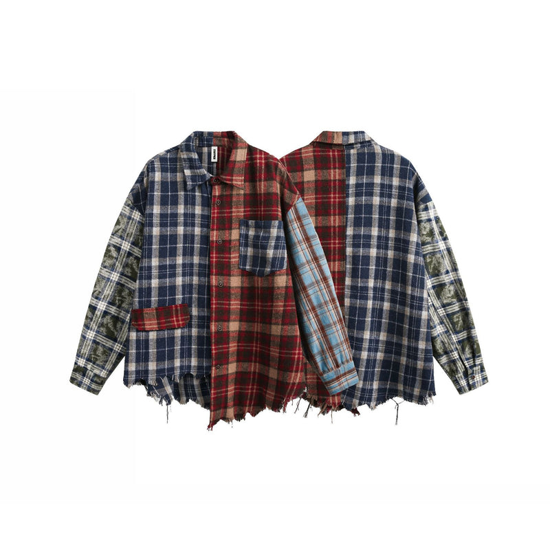 American Retro Loose Plaid Stitching Long Sleeve Shirt