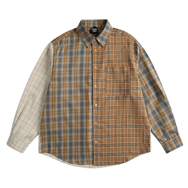 American Retro Irregular Stitching Contrast Color Long Sleeve plaid Shirt