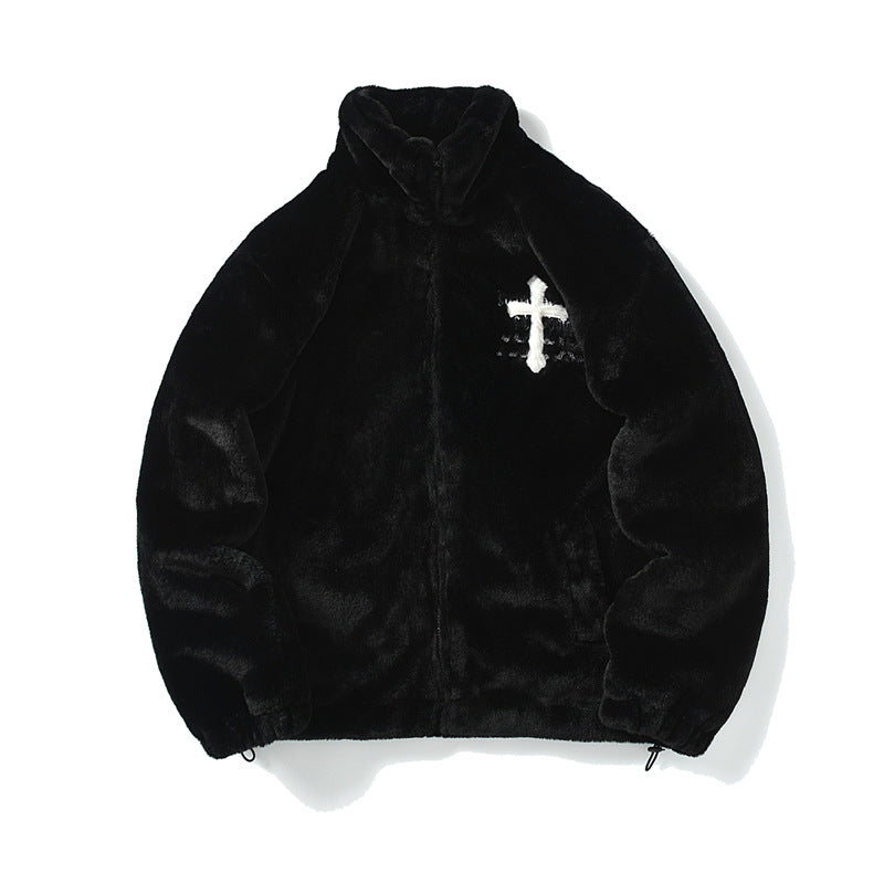 Men's Hip Hop Letter Embroidered Rabbit Fur Jacket