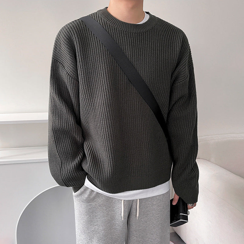 Crew Neck Men's Loose Slouchy Versatile Solid Color Sweater