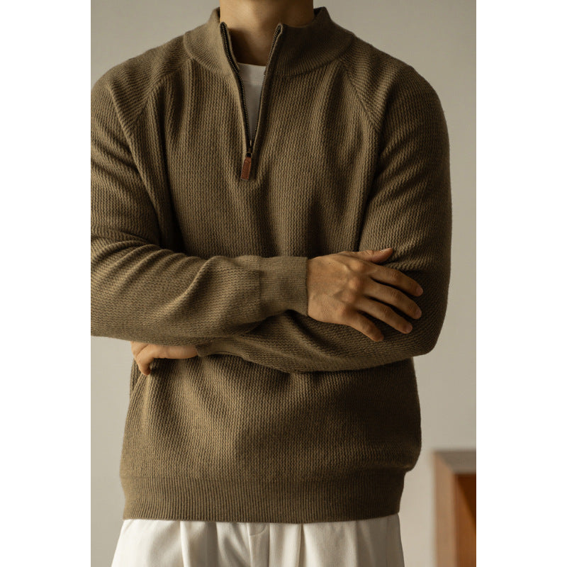 Washable Wool Men's Warm Half Turtleneck Zipper Sweater