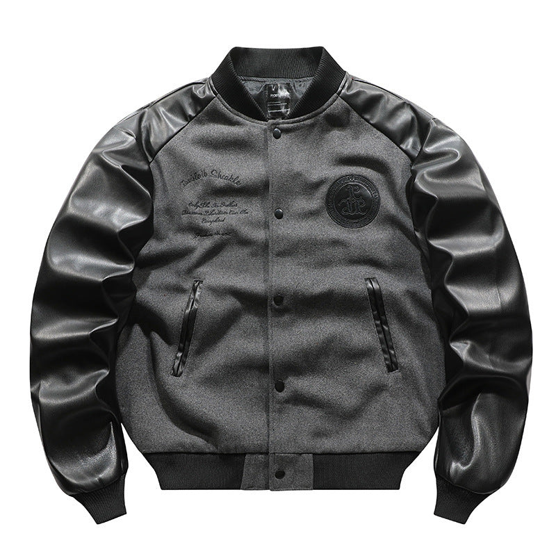 Retro Woolen Coat Stitching Embroidered Flight Jacket