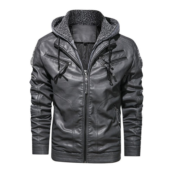 Men's PU Hooded Cotton Addition Leather Jacket Coat